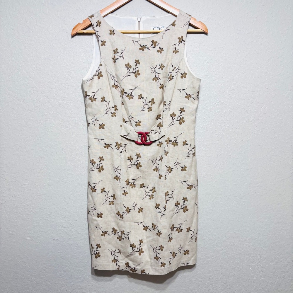 VTG Caren Desiree Co CDC Tan Floral Dress Interlocking Ring Buckle Belt Sz 4